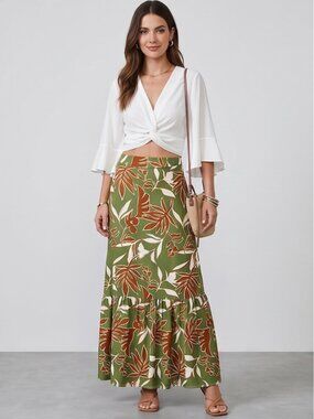 Boho Tropical Palm Print High-Waisted Tiered Maxi Skirt